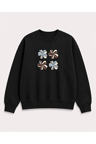 herkesemoda Floral Printed 2 Thread Threaded Crew Neck Sweatshirt