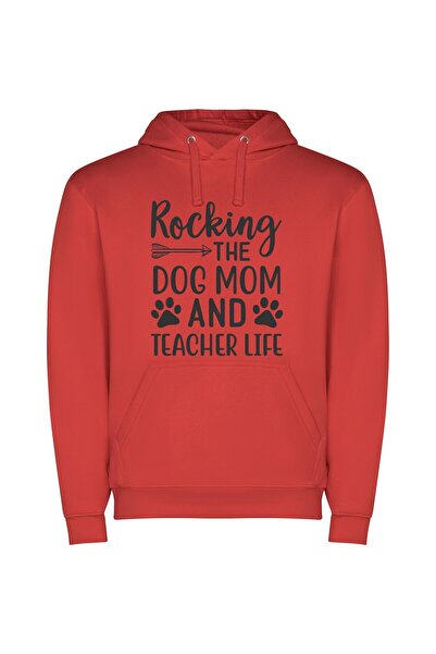 iLovePrints Rocking the Dog-Teacher Life! Φούτερ με κουκούλα σε χρώμα Κόκκινο