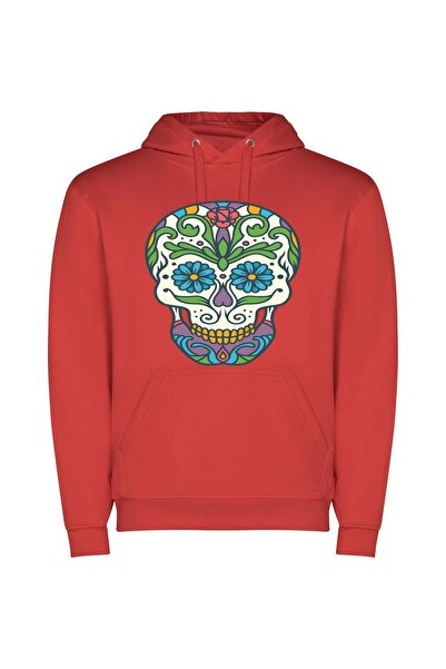 iLovePrints Colorful Dia De Muertos Φούτερ με κουκούλα σε χρώμα Κόκκινο