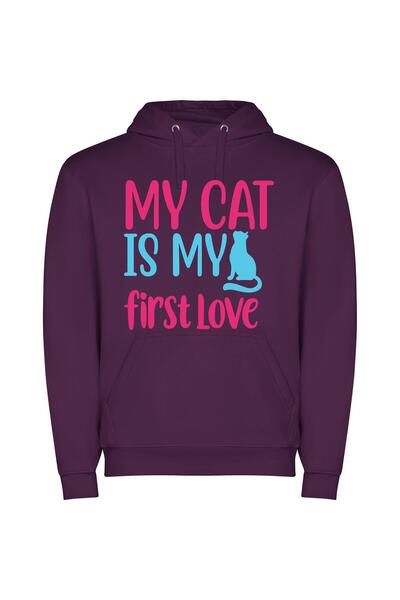 iLovePrints Feline Affection: My First Love Φούτερ με κουκούλα σε χρώμα Μωβ