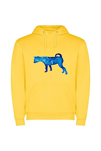 iLovePrints Digital Blue Dog Portrait Φούτερ με κουκούλα σε χρώμα Κίτρινο