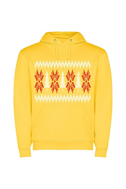 iLovePrints Festive Tree-patterned Knit Φούτερ με κουκούλα σε χρώμα Κίτρινο