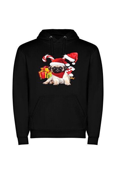 iLovePrints Festive Pug Fashion Φούτερ με κουκούλα σε χρώμα Μαύρο