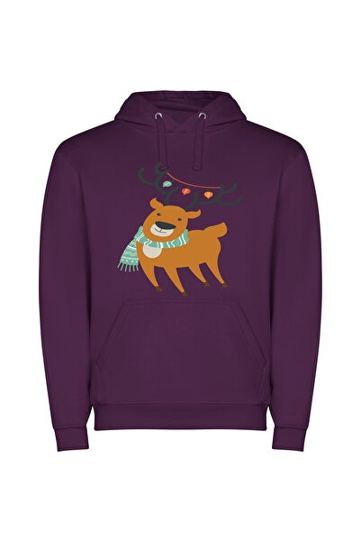 iLovePrints Fashionable Festive Deer Φούτερ με κουκούλα σε χρώμα Μωβ