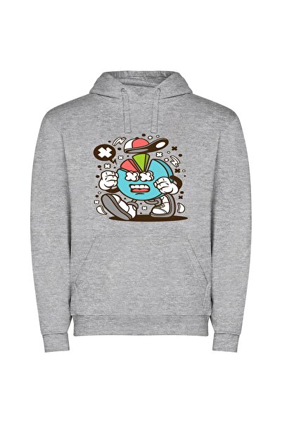 iLovePrints Colorful Surprised Cartoon Mascot Φούτερ με κουκούλα σε χρώμα Γκρι