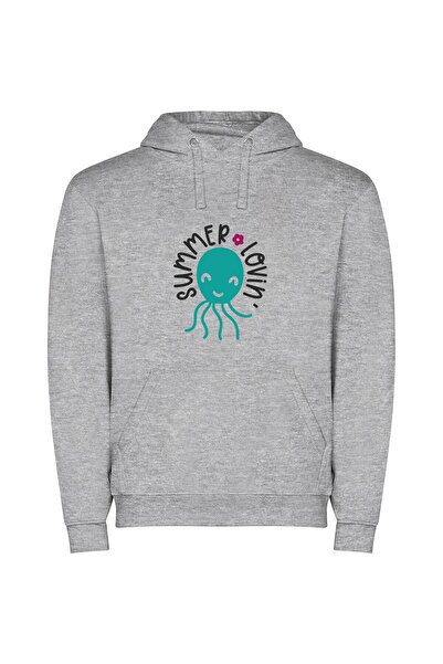 iLovePrints Summer's Floral Octopus Bliss Φούτερ με κουκούλα σε χρώμα Γκρι
