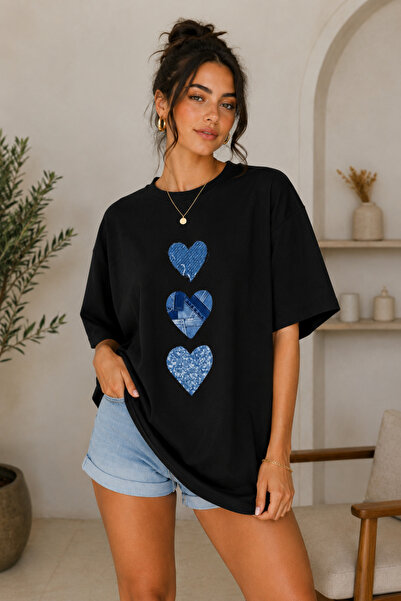 FECCY Premium Γυναικείο T-Shirt Oversize με στάμπα Triple Heart, Βαμβακερό T-...
