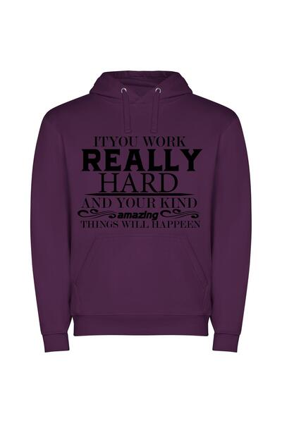 iLovePrints Hard Work, Amazing Results Φούτερ με κουκούλα σε χρώμα Μωβ
