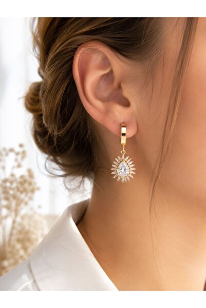 CM Jewelry أقراط من الفولاذ الذهبي مرصعة بحجر الزركون