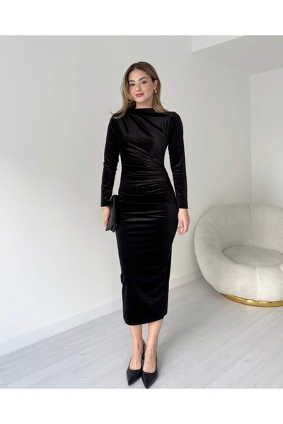 MODA ŞEHRİ Black Long Sleeve Gathered Detail Velvet Fabric Midi Length Dress