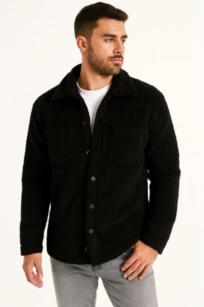 Simala Men's plush fleece cardigan shirt – collared, button-up, chest pocket,...