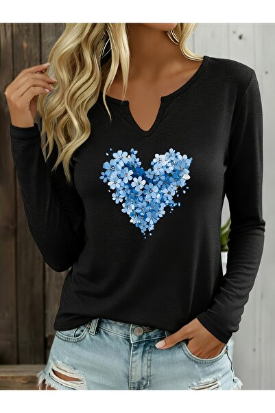 mercoledi Heart Printed Cotton Half V-Neck Long Sleeve Blouse