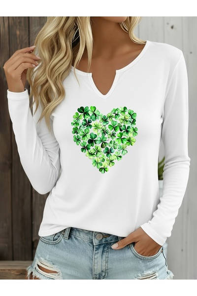 mercoledi Heart Printed Cotton Half V-Neck Long Sleeve Blouse