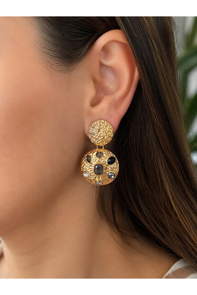 ANKA JEWELLRY أقراط نسائية من الفولاذ باللون الذهبي مع تفاصيل حجرية سوداء ومل...