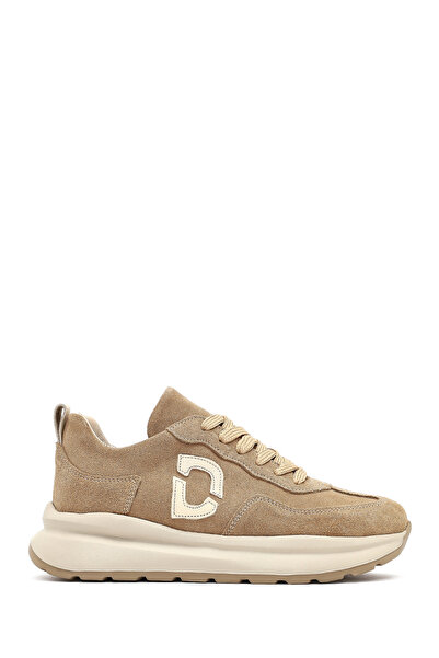 Derimod Women's Beige Lace-Up Thick Sole Suede Leather Sneaker Af230003Ds