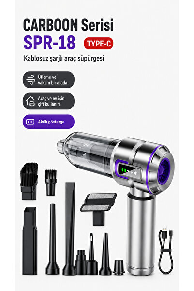 ULTRATEKNO Carboon Serisi SPR-18 20.000 Pa 6000 mAh Kablosuz Araç Süpürgesi Üfleme Özellikli + Taşıma Çantası