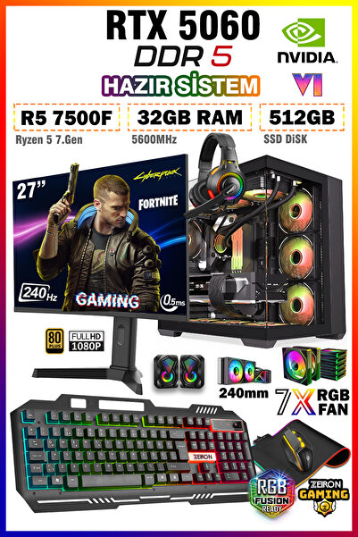 Zeiron Warrior Eagle X75 R5 7500F 32GB 512GB SSD RTX5060 27" 240Hz Sıvı Soğut...