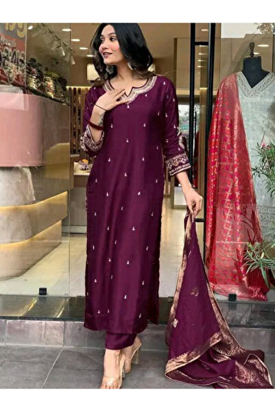 MYSMAR Purple Tesla Cotton Kurti Pant & Banarasi Dupatta Set - FFT8103 | Purp...