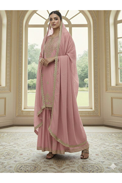 MYSMAR Pink Chinon Embroidered Sharara Suit Set - HRT7360 | Pink-Size:L-40-In...
