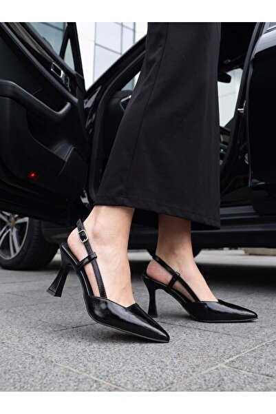 Nesil Shoes Uraz 050 Black Krşk Patent Leather Open Back Heeled Women's Shoes