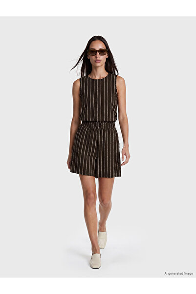 LC Waikiki Vizyon New Season Brown Striped Women's Shorts with Elastic Waist
