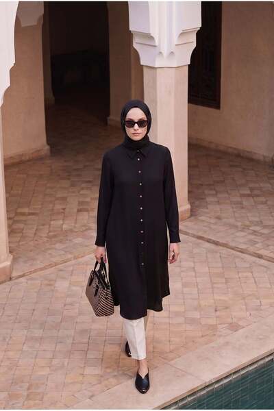 Armine TREND Düğme Detaylı Gömlek Yakalı Uzun Tunik Siyah 26YT484