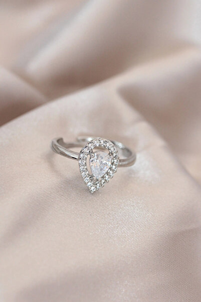 ARMÜZ Adjustable Silver Color Metal Zircon and Crystal Stone Drop Model Ring