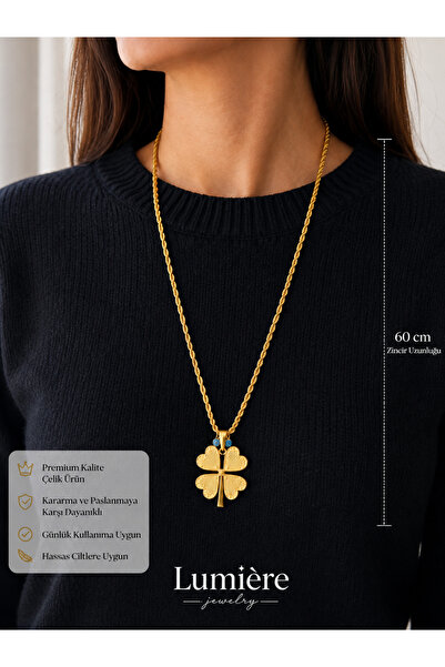 LUMİERE JEWELRY ÇELİK YONCA MAVİ BONCUKLU UZUN KOLYE