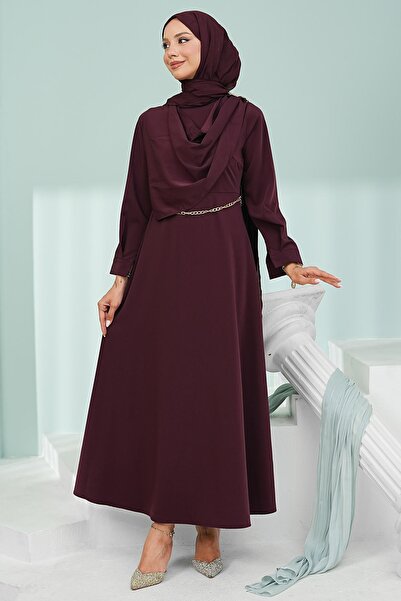 İmajButik Mürdüm Omuz Şal Detaylı Zincir Kemerli Elbise