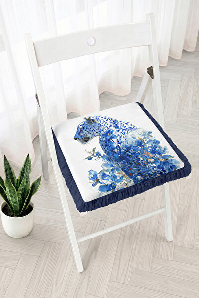 Realhomes Blue Floral Leopard Figured Fringed Zippered Chair Cushion - Modern...