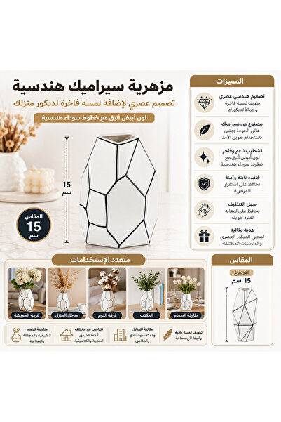 Dania 🏺 مزهرية سيراميك هندسية بيضاء بتصميم عصري – ارتفاع 15 سم – خطوط سوداء ...