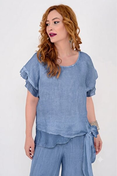 AYASOFYA OTANTIK Women's Italian Tie-Back Silk Detailed Linen Blouse