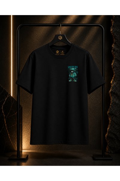 GOB Collection Unisex Dream Big Bear Back and Front Printed 100% Cotton Oversize Crew Neck Short Sleeve T-Shirt Black