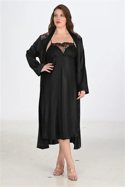SS HOME CONCEPT Premium Plus Size Satin Lace Embroidered Black 2-Piece Nightg...