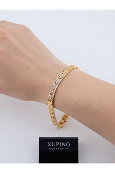 XUPING JEWELRY Steel Zircon Stone Detailed Zigzag Gold Bracelet