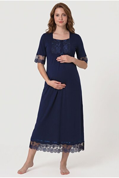 Pelin Women's Navy Blue Lace Buttoned Maternity Nightgown with Breastfeeding ...