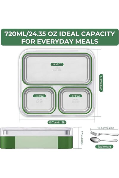 Adando 304 Stainless Steel Lunch Box: 720ML 3-Compartment Thermal Bento Box-M...