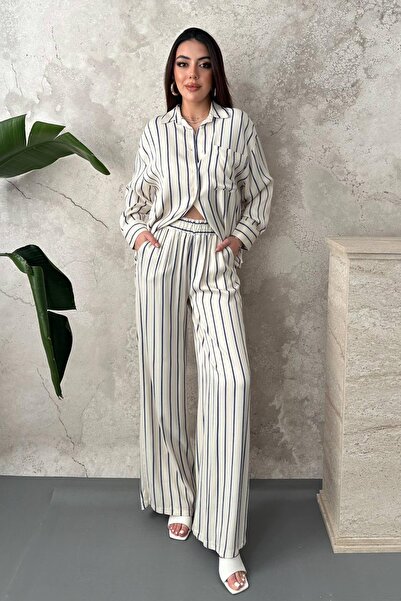 Clothes Fast Women's Blue Top and Bottom Set Striped Satin Shirt Pants Set El...