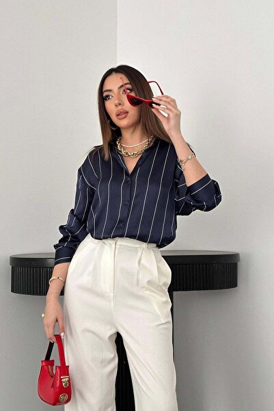 Moda Days قميص نسائي من الساتان المخطط باللون الأزرق الداكن بأكمام طويلة وأزر...