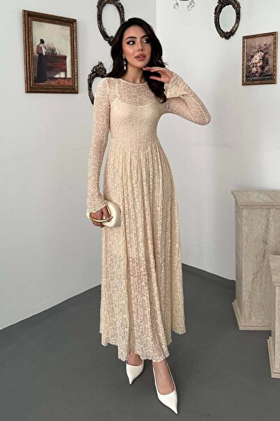 Moda Days فستان ماكسي نسائي من الدانتيل مبطن بأكمام طويلة وياقة دائرية وتنورة...