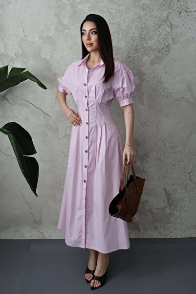 Moda Days فستان نسائي وردي اللون بياقة قميص وأكمام بالون مطوية وأزرار من قماش...