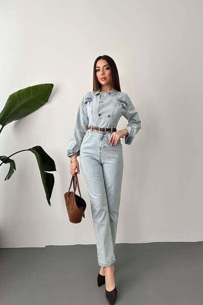 Clothes Fast بدلة نسائية من قماش الدنيم بتصميم Snow Washed مع ياقة قميص وأزرا...