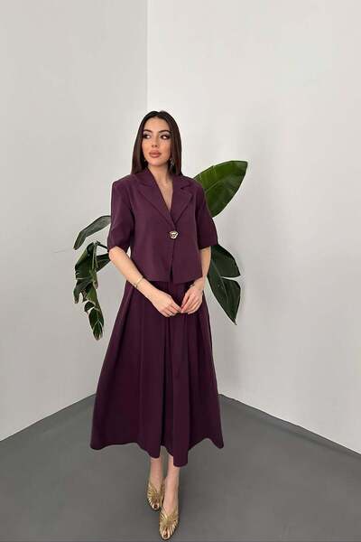 Moda Days طقم سترة وتنورة نسائي بلون البرقوق، سترة قصيرة بزر واحد، تنورة ميدي...