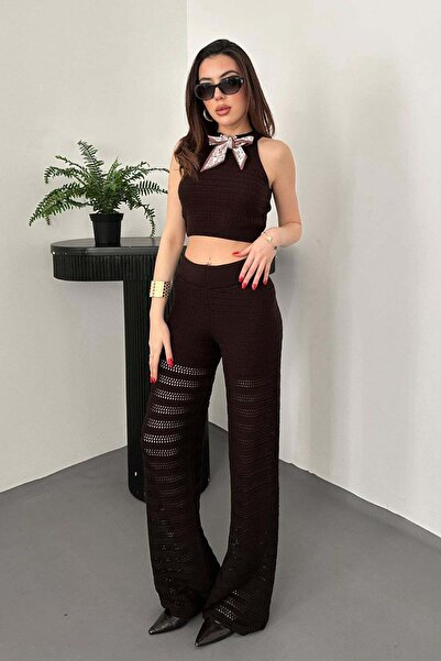 Clothes Fast Γυναικείο Καφέ Σετ Πλεκτό Τοπ-Παντελόνι Διάτρητο Κροπ Τοπ με Λεπ...