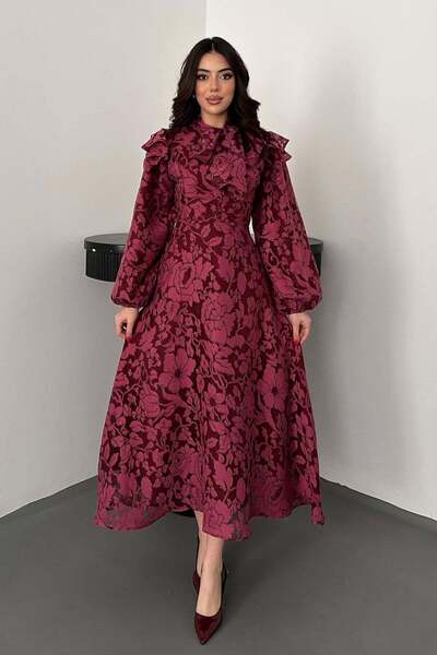 Clothes Fast Women's Plum Scarf Collar Floral Patterned Balloon Sleeve Lined ...