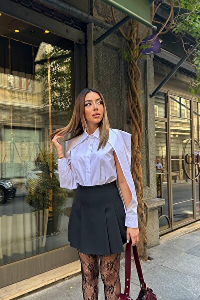Clothes Fast Women's White Poplin Shirt with Collar, Buttons, Slit, and Sleev...