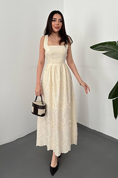 Clothes Fast فستان ماكسي نسائي بياقة مربعة وتطريز إكرو وحزام سميك ومبطن عند ا...