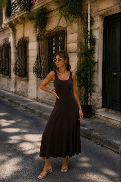 Moda Days فستان نسائي طويل بدون أكمام من أنثراسايت، بياقة على شكل حرف U، وقصة...