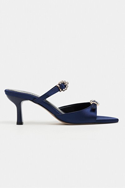NİŞANTAŞI SHOES Calista Navy Blue Satin Buckle Detail Pointed Toe Women's Hee...
