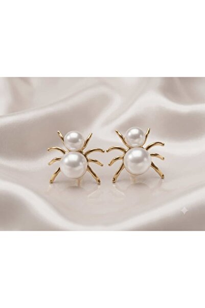 Çelik Pearl Spider İkili İnci Örümcek Gold Küpe